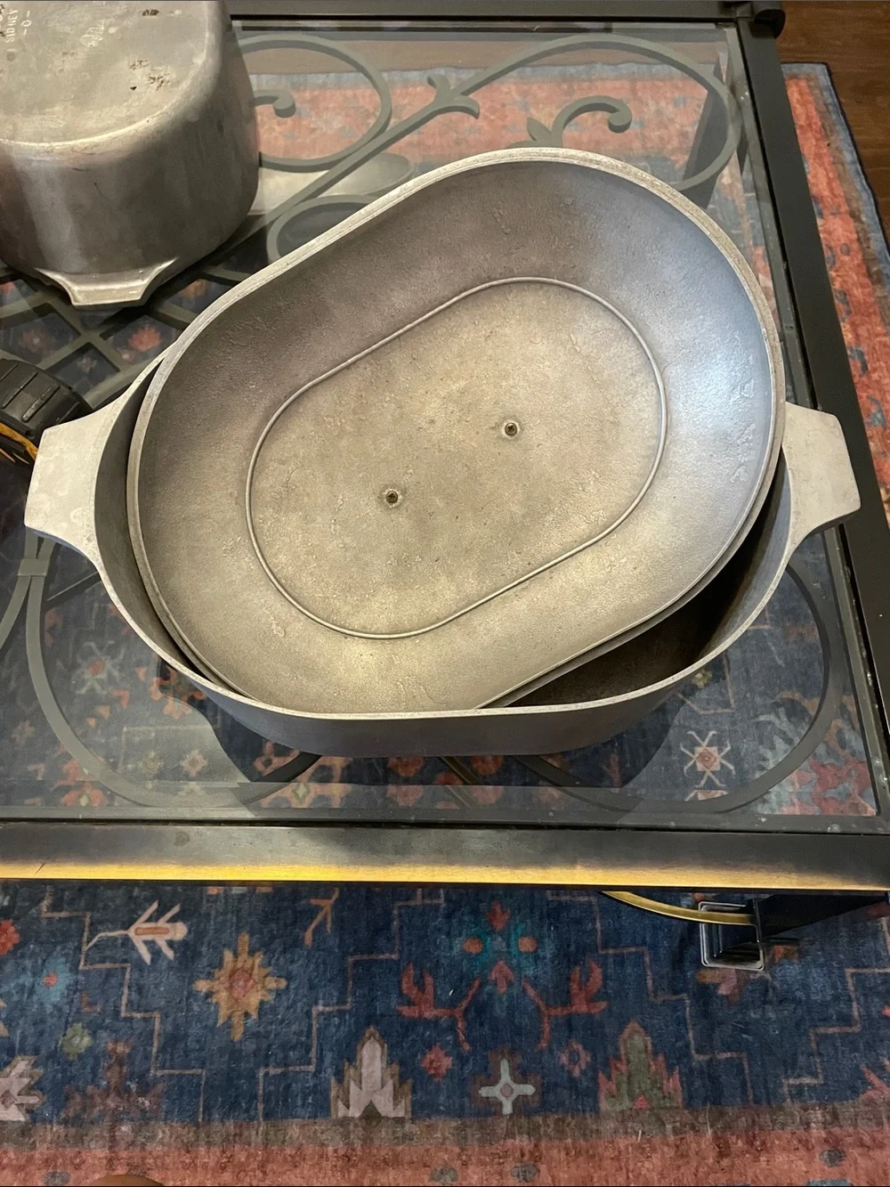 Vintage Cast Aluminum Oval Roaster + Lid — Unique Engraved “Forever” Emblem